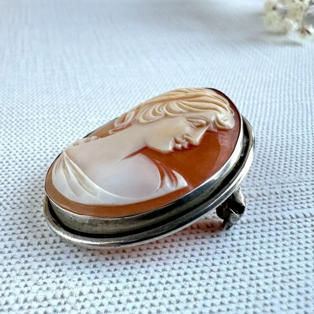 Vintage 800 Silver Shell Cameo Brooch Pendant - Picture 4 of 14